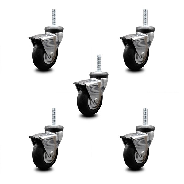 3 Inch Hooded Neoprene Rubber 8mm Threaded Stem Casters with Brakes SCC, 5PK